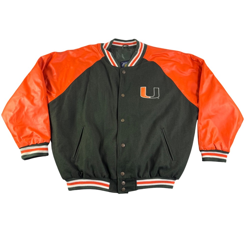 University of Miami Hurricanes Varsity Jacket Green Orange Faux Leather Mens XL